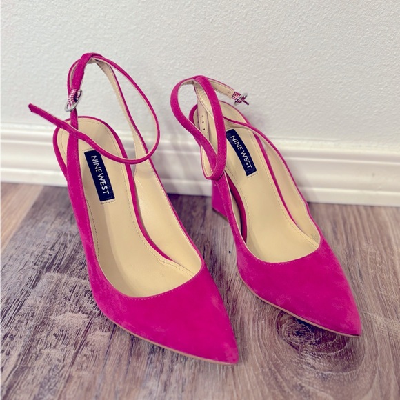 Fuscia pink suede sling back heels Nine West 5.5 - Picture 3 of 7